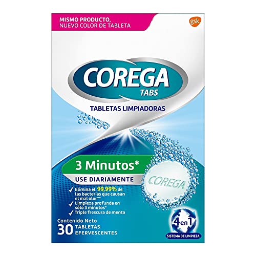 Corega Tabletas Limpiadoras 3 Minutos, Limpiador de Prótesis Dentales, 30 Tabletas Efervescentes