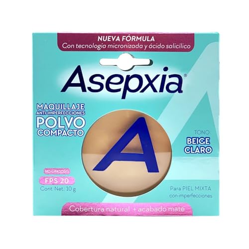 ASEPXIA Maquillaje en Polvo Tono Beige Claro, Acabado mate, absorbe y controla la grasa, unifica el tono de la piel, sin sensación grasosa, Protección FPS 20 para piel mixta con imperfecciones