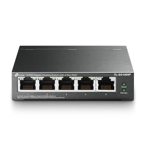 TP-Link 5–Port Gigabit PoE Switch, 4 PoE+ Ports @65W, Fanless, Black (TL-SG1005P