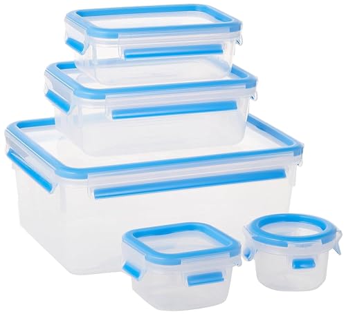 T-fal Set K3029012 de 5 piezas de contenedores herméticos, Master Seal Fresh, libres de BPA, para conservar tus alimentos en óptimas condiciones, Transparente/Azul, Chico
