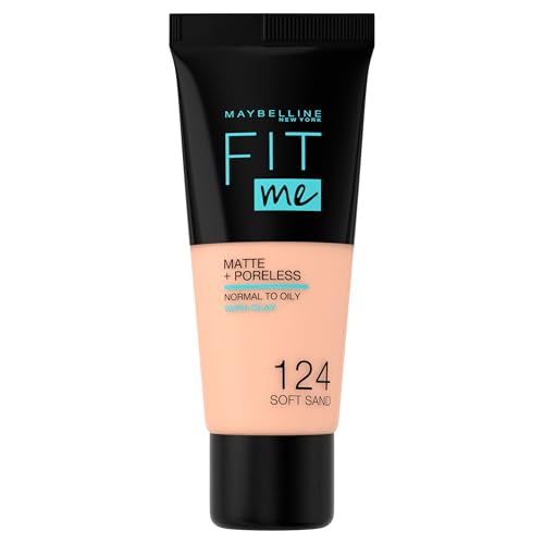 Maybelline Fit Me Base de maquillaje, mate y sin poros, cobertura completa, mezclable, piel normal a grasa, 124 arena suave, 30 ml