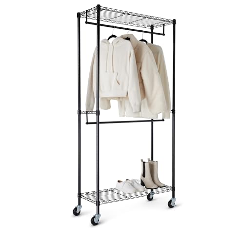 Amazon Basics Estante organizador ajustable para colgar, doble barra para ropa, con ruedas, resistente, negro, 91 x 36 x 183 cm, WI-GAR1436B