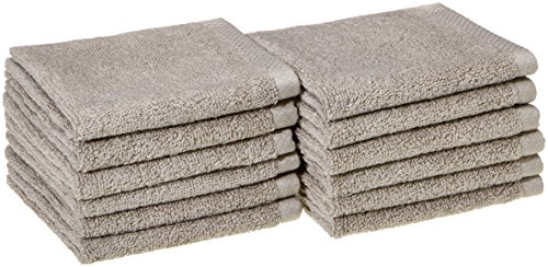 Amazon Basics Toallitas de algodón, ligeras y de secado rápido, 30,5 cm x 30,5 cm (12 in x 12 in), paquete de 12, platino