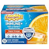 Emergen-C Immune+ Triple Action Immune Support Powder, BetaVia (R), 1000mg Vitamin C, B Vitamins, Vitamin D and Antioxidants, Super Orange – 50 Count