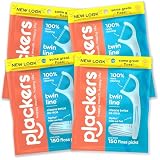 Plackers Twin-Line Dental Flossers, Advanced Whitening and Dual Action Flossing System, Easy Storage, Super Tuffloss, 2X The Clean, Cool Mint Flavor, 150 Count (Pack of 4)