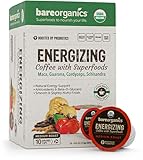 BareOrganics Energy Medium Roast Coffee, Organic, 10 K-Cup Pods, Superfoods & Probiotics Infused, Vegan, Gluten Free, 10 Single Serve Cups