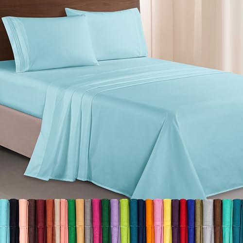 Elegant Comfort - Lujoso juego de sábanas egipcias de 1500 hilos bordadas en tres líneas, las más suaves, de calidad hotelera, de 4 piezas, resistentes a las arrugas y a la decoloración, tamaño king, azul aguamarina