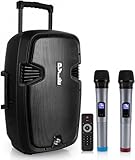 Pyle Portable Bluetooth PA Speaker System - 1000W Wireless Karaoke Loudspeaker with 12” Subwoofer, USB/SD/MP3/FM - Includes Dual UHF Mics, Remote, Rolling Wheels - Ideal for Parties, Events, Outdoors