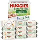 Huggies Natural Care Sensitive Baby Wipes, Unscented, Hypoallergenic, 99% Purified Water, 12 Flip-Top Packs (768 Wipes Total)