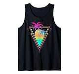 Retro 1980s 1990s Vaporwave Palm Trees Sunset Beach Surf Art Tank Top