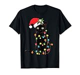 Santa Black Cat Tangled Up In Christmas Tree Lights T-Shirt
