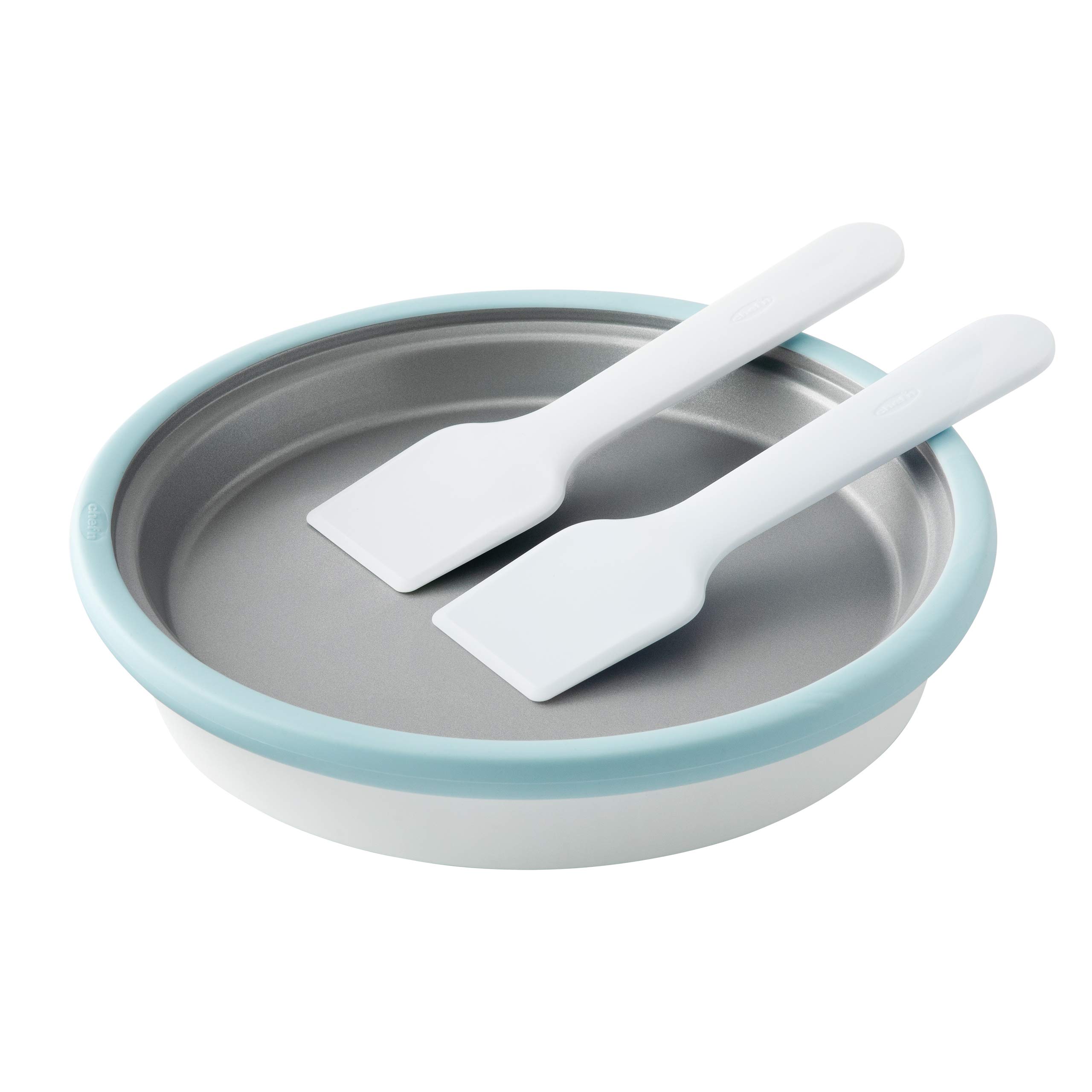 Chef'n Sweet Spot Instant Ice Cream Maker in Blue Glow with scoop and spade on the freeze pan