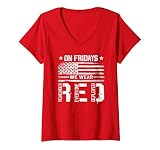 Womens On Friday We Wear Red American Flag Military Supportive V-Neck T-Shirt