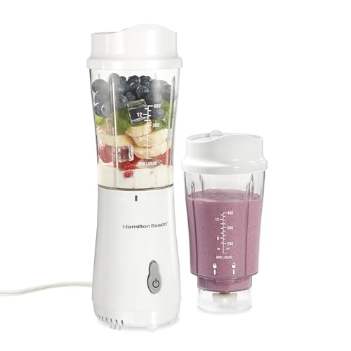 Hamilton Beach - Batidora portátil para batidos y batidos, taza y tapa de viaje sin BPA de 14 onzas, cuchillas de acero inoxidable duraderas, licuadora personal para batidos, 2 frascos, color blanco
