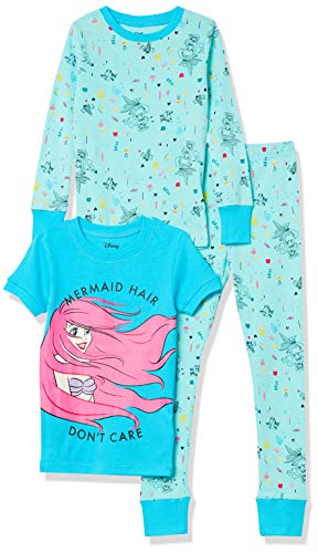 Amazon Essentials - Disney | Marvel | Star Wars | Frozen - Conjunto de pijama de algodón ajustado para niñas(anteriormente Spotted Zebra), azul/azul claro, pelo de sirena princesa, talla XL