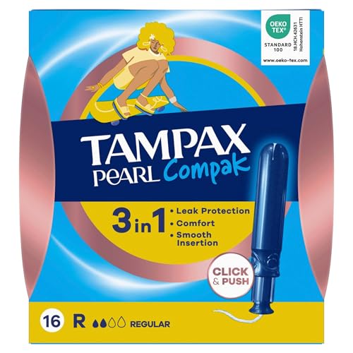 Tampax Tampones Pearl Compak Regular Con Aplicador Suave, Pack de 128, 3 en 1 Pr