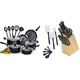 Cook N Home 15-Piece Nonstick Stay Cool Handle Cookware Set, Black & Farberware 22-Piece Never Needs Sharpening Triple Rivet High-Carbon Stainless Steel Knife Block and Kitchen Tool Set, Black