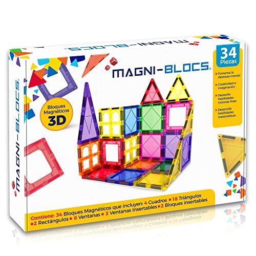 MAGNI-BLOCS Imanes Didácticos, Set de 34 Piezas, Bloques Magnéticos 3D, Figuras Geométricas Magnéticas Educativas para Niños, Rompecabezas Magnético en Tercera Dimensión