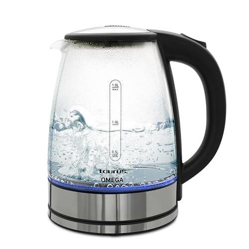 TAURUS OMEGA | Hervidor eléctrico de cristal 1.8 L con luz LED | Tetera rápida 1000W con apagado automático | Jarra inalámbrica 360° de vidrio templado para té, café y bebidas calientes