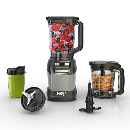 Liquidificador Ninja, sistema compacto de cozinha, 1200 W, 3 funções, smoothies, massas e bebidas congeladas, Auto-IQ, 2 L; jarra de 1 L Tigela de 530 ml Copo dose única, cinza, AMZ493BRN
