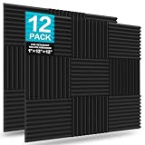 JBER 12 Pack Acoustic Foam Panels 1" X 12" X 12" Fire Resistant Soundproofing Wedges (Black)