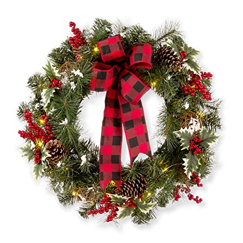 Glitzhome Couronne de Noël Artificielle avec Pomme de pin Baies pour Porte d'ent