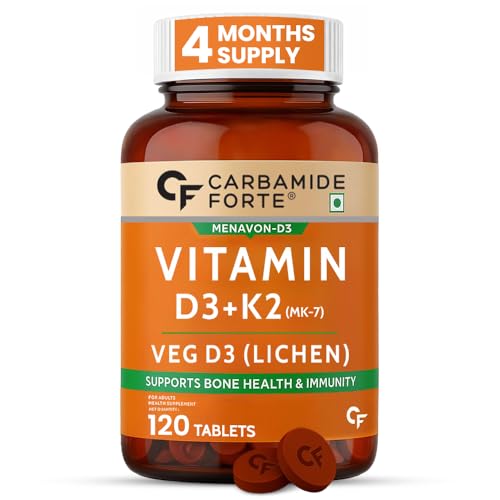 Carbamide Forte Vitamin D Tablets | Vitamin D3 K2 Supplement to support Bone & Heart Health | Veg D3 Lichen -120 Tablets