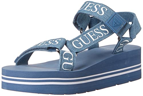 GUESS Avin Sandalias de cuña para mujer, Azul + blanco Denim, 7 US