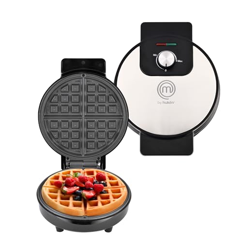 Hukën x MasterChef | Wafflera Belga Eléctrica Flash Cook+ Redonda | Perilla de Temperatura Ajustable | Diseño Compacto | Luces de Encendido y Listo | Antiadherente de Alto Nivel | Acero Inoxidable