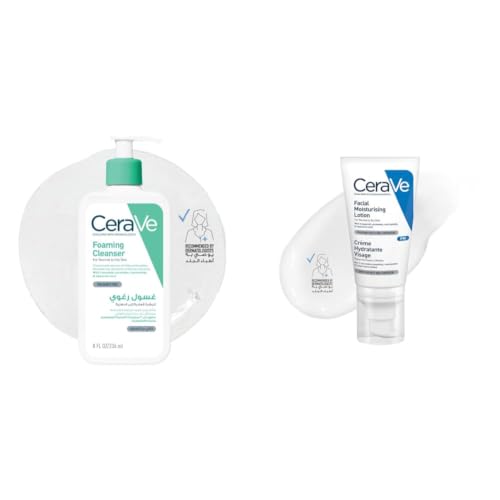 CeraVe Loción Hidratante de Rostro |52ml| Hidratante facial de noche con textura ultraligera + Gel Limpiador Espumoso |237ml| Limpiador diario para piel mixta grasa o con acné