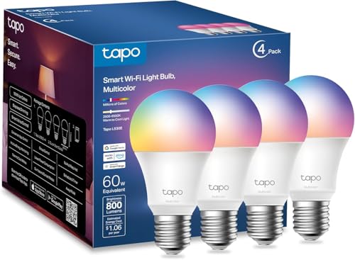 TP-Link Tapo L530E(4-Pack), Focos Inteligentes Wi-Fi, Multicolor, E26, 806 lumens, Regulables, Control Remoto de APP y Control de Voz, Compatibles con Alexa y Google Home, No requiere concentrador