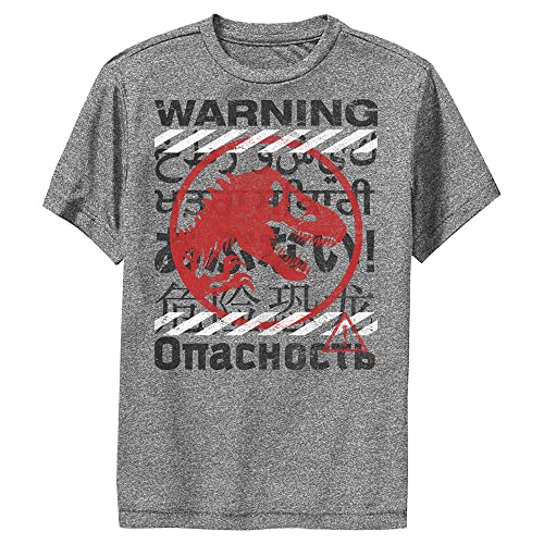 Jurassic World Boys' Multi Language WARNINGS T-Shirt, Charcoal Heather, X-Large