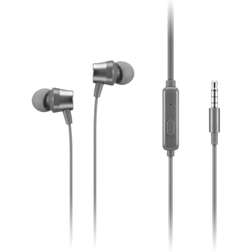 Lenovo - 110 Auriculares analógicos intraurales - Micrófono en línea - Conectividad de 3.5 mm - Botón de reproducción y Pausa - 3 tamaños de Almohadillas para Orejas Incluidas, Gris