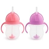Munchkin Any Angle Sippy Cups for Toddlers, Spill Proof Weighted Straw Cup with Transition Handles for Babies 6 Months and Up, 7 Ounce, 2 Pack, Pink/Purple