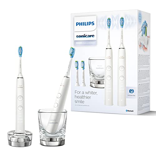 Philips Sonicare DiamondClean 9000 elektrische Zahnbürste, Doppelpack, Zahnbürste mit Schalltechnologie inklusive App, Drucksensor, 4 Putzmodi, 3 Intensitätsstufen, Ladeglas, weiß, Modell HX9914/62