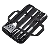 Amazon Basics 4-Piece Stainless Steel BBQ Grilling Tool Set with Carry Bag, Rust-Resistant, Dishwasher Safe