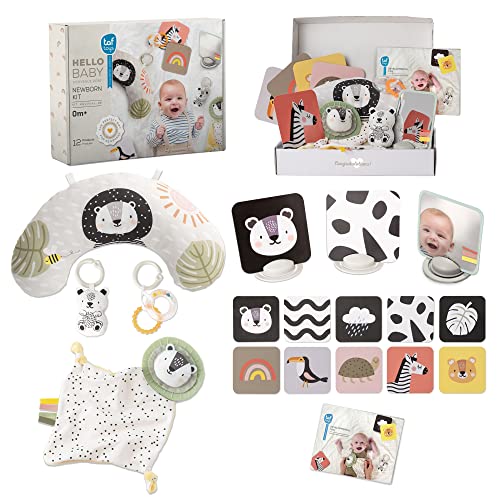 Taf Toys Kit de juguetes para el desarrollo del recién nacido, perfecto para niños y niñas, incluye 12 juguetes esenciales para el aprendizaje y la estimulación, cesta de regalo ideal para bebés