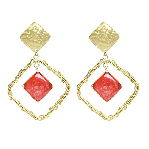 Amazon Brand - Myx Yellow Chimes For Myx Earrings For Women Gold Toned Geometrical Red Stone Drop Clip On Dangle Earring...