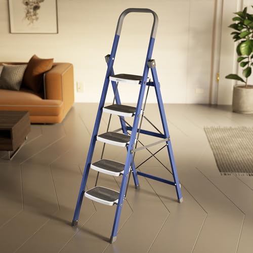 Amazon Basics Super Clamber - Non-Trip and Flat-Foldable Step Ladder, with Anti-Skid Steps, 5 Steps (Steel