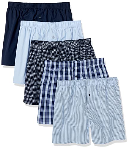Amazon Essentials - Calzoncillos Tipo Calzones de algodón Tela para Hombre (Disponible en Tallas Grandes y Altas), Paquete de 5 Unidades, Color Negro/Azul Raya/Azul Oscuro, Azul Marino/Azul Cielo