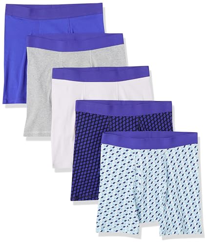 Amazon Essentials Men's Tag-Free Boxer Briefs, Pack of 5, Grey/Royal Blue/White/Mixed Print/Rugby, Large