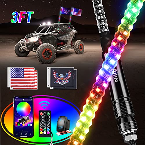 Nilight - 2 luces LED RGB de 3 pies, control remoto y de aplicación con patrones de persecución de bricolaje, luz de marcha atrás, antenas de seguridad iluminadas para ATV UTV Polaris RZR Can-am Dune Buggy Jeep, 2 años de garantía