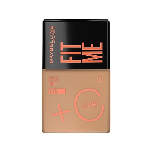Maybelline Fit Me Fresh Tint Base de Maquillaje, Alta Cobertura, Larga Duración, con Vitamina C y FPS50, Control de Brillo, Acabado Fresco y Luminoso, No Comedogénico, Tono 09, 30 ml
