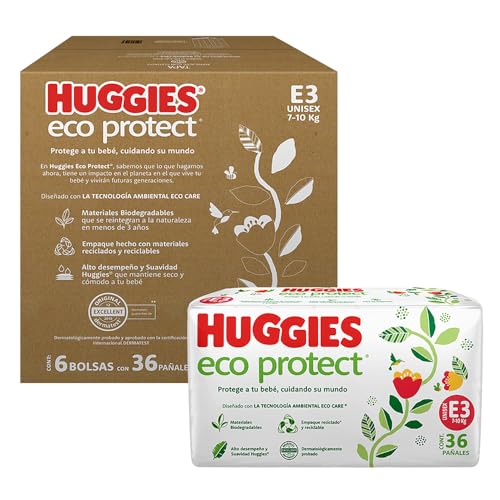 Huggies Eco Protect Pañal Desechable para bebé, Unisex, Etapa 3, Caja con 216 Pañales Desechables, Ideal para Bebés de 7 a 10 kilogramos