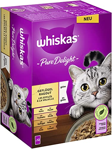 Whiskas 1+ Comida para Gatos Pure Delight Aves selección en gelatina, 12 x 85 g 
