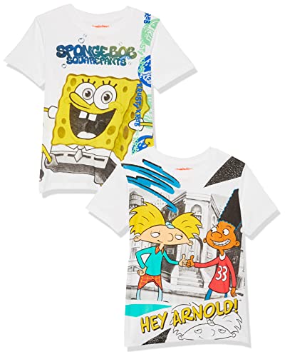 Nickelodeon Lot de 2 t-shirts Bob l'éponge et Hey Arnold pour garçon, blanc, 10-