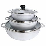 IMUSA Caldero Stock Pot with Glass Lid 3pc Set, 1.5/2.5/5.2qt, Cast Aluminum, Perfect for Serving Medium & Small Groups, Riveted Handles, Made in Colombia, Silver.