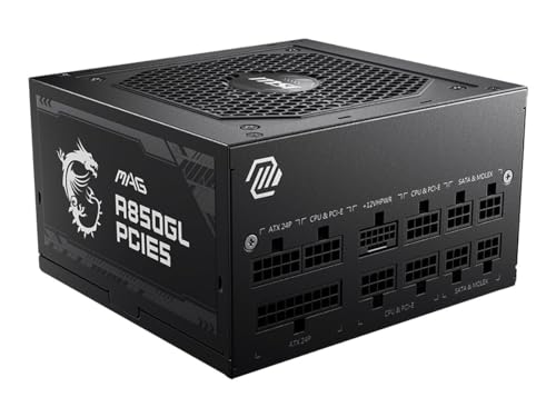 MSI MAG A850GL PCIE5 Netzteil, 850W, 80 Plus Gold, voll modular, ATX 3.0, unterstützt PCIe 5.0 GPU, 120mm FDB Lüfter mit dynamischen Kugellager, Full-Bridge LLC, Schwarze Flackkabel - 7 Jahre Garantie