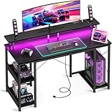 ODK 48 inch Gaming Desk with LED Lights, Computer Desk with Monitor Stand & Storage Shelves, CPU Stand, Home Office Desk, Black