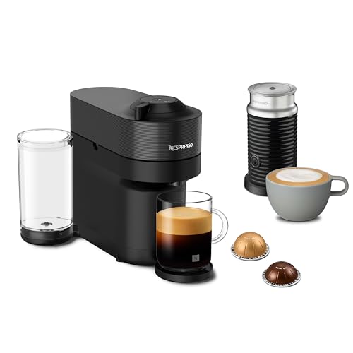 Nespresso Cafetera Vertuo Pop, Color Negro, con Espumador de Leche Aeroccino 3, con Kit de Degustación de Regalo de 12 Cápsulas